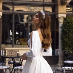 Robe Mariage Princesse Satin -Promos Parurelle Boutique LORIE robe de mari e en Satin ligne A en dentelle manches longues avec boutons romantiques 1 1