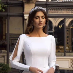 Robe Mariage Princesse Satin -Promos Parurelle Boutique LORIE robe de mari e en Satin ligne A en dentelle manches longues avec boutons romantiques 4