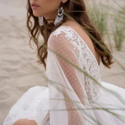 Robe De Mariée Princesse Plage -Promos Parurelle Boutique Robe De mari e boh me en Tulle col en v manches longues bouffantes haute glissi 3 1