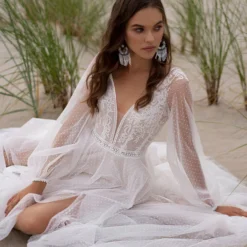 Robe De Mariée Princesse Plage -Promos Parurelle Boutique Robe De mari e boh me en Tulle col en v manches longues bouffantes haute glissi 4 1