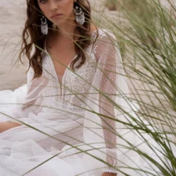 Robe De Mariée Princesse Plage -Promos Parurelle Boutique Robe De mari e boh me en Tulle col en v manches longues bouffantes haute glissi 5 1